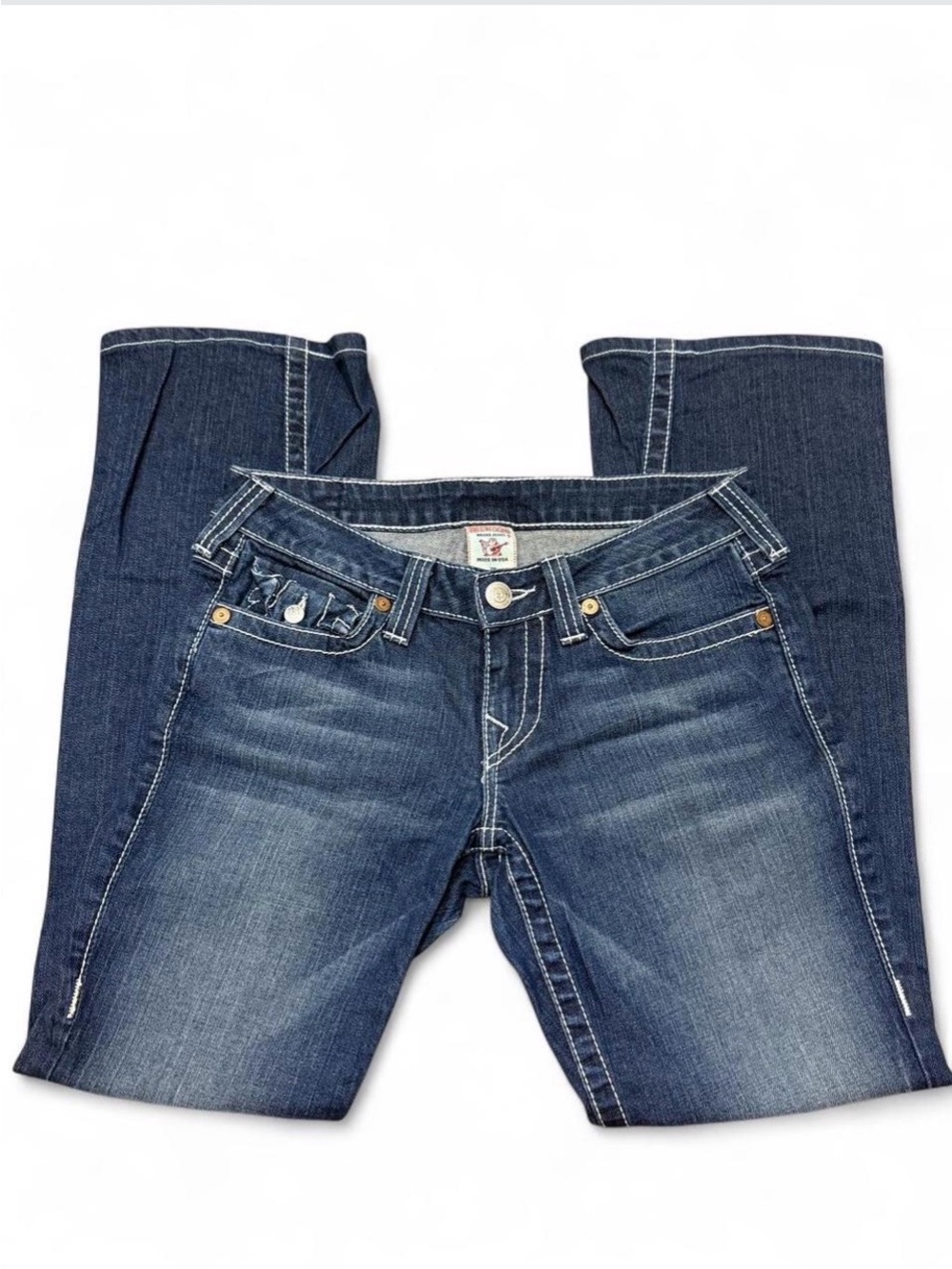 True Religion Women's Blue Denim Bootcut Jeans with Flap Pockets